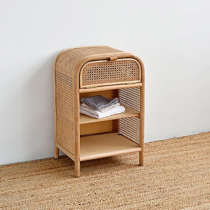 Natural Bedside Table with Storage, Boho Modern Accent Cabinet for Bedroom or Living Room Nightstand with Open Shelves